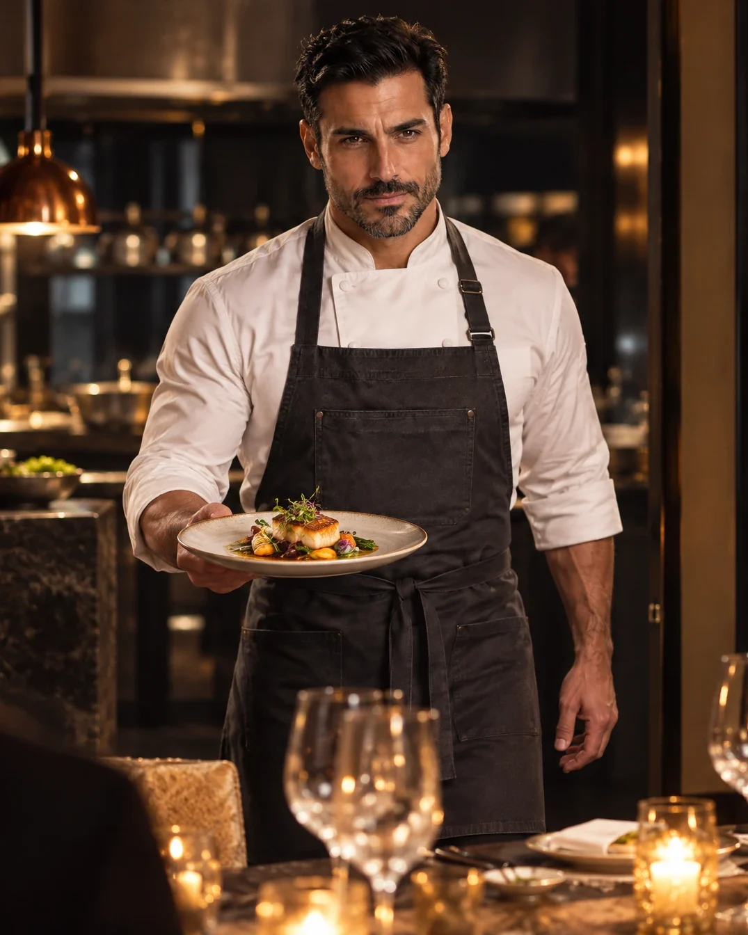 Chef Mateo Rossi presenting a plated dish at a candlelit dinner table