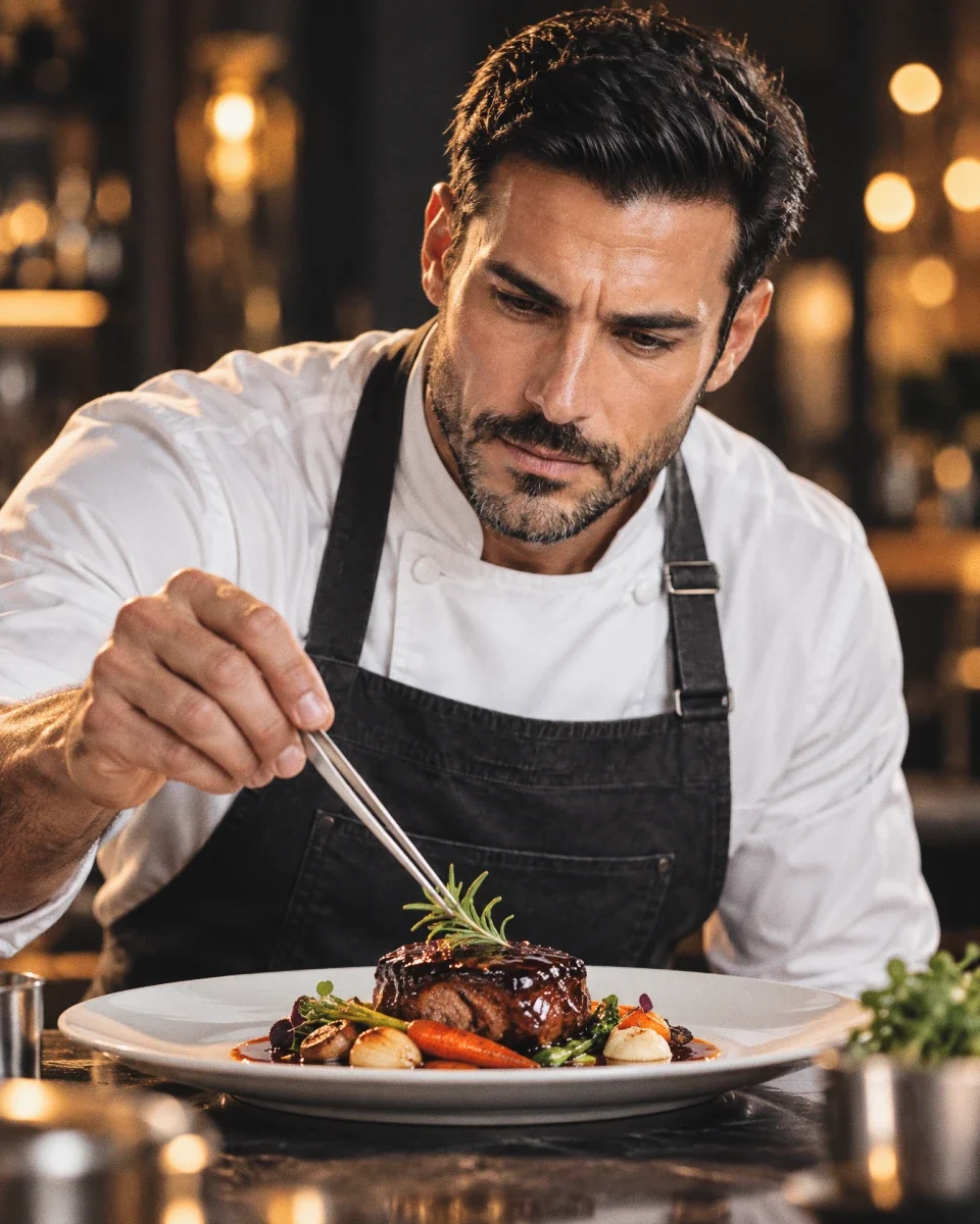 Chef Mateo Rossi plating a glazed short rib with tweezers