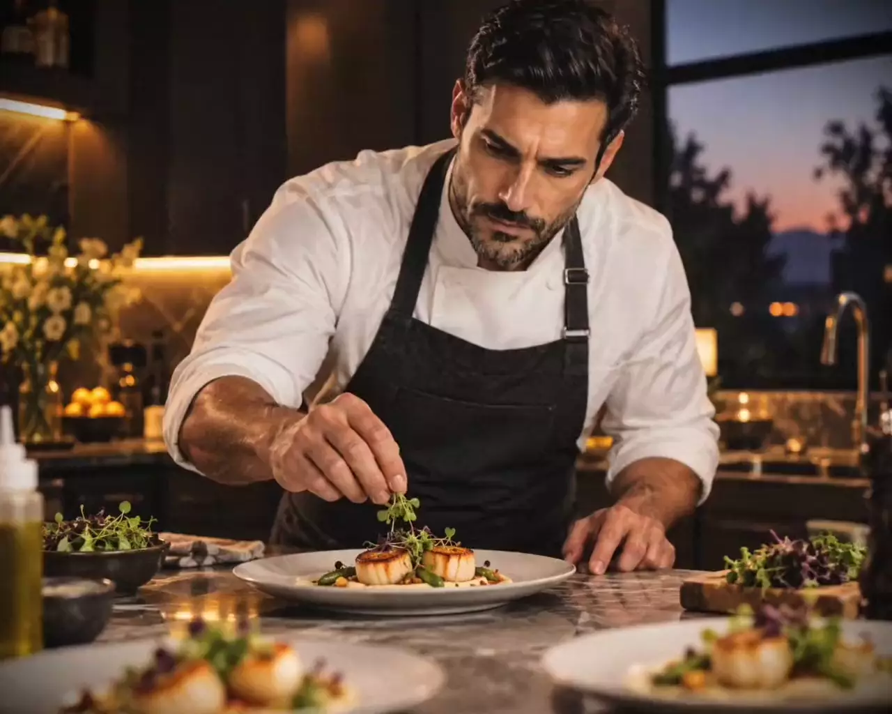 Chef Mateo Rossi plating scallops