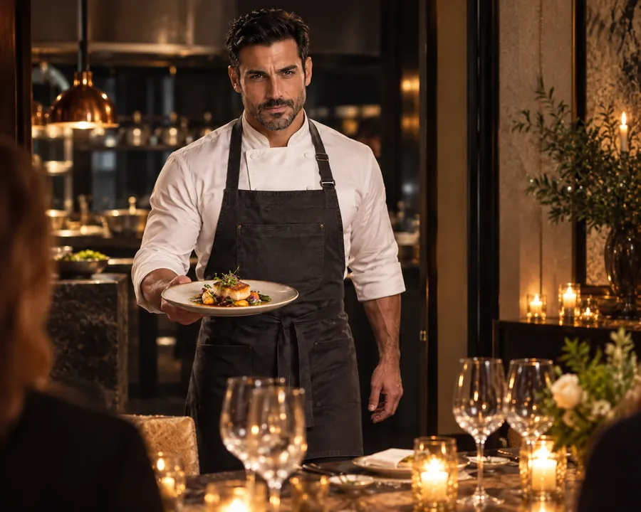 Chef Mateo Rossi presenting a plated dish at a candlelit dinner table
