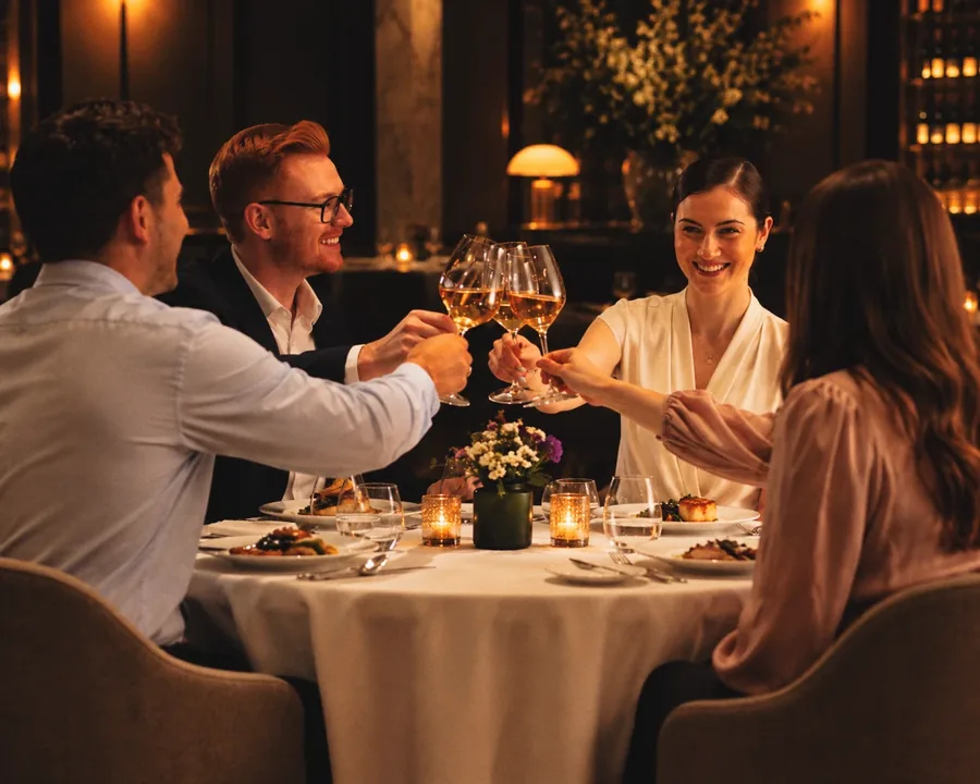 Four guests toasting with wine at a candlelit private dinner
